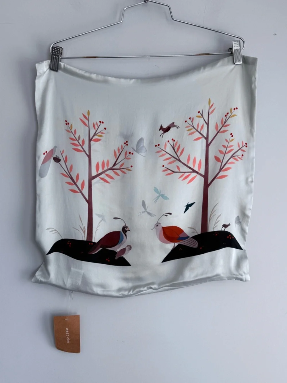 West Elm Silk Pillow Cover 20x20 Nature Print Bird Tree Minimalist Boho Decor